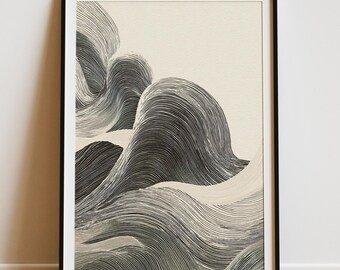 Japandi Wellen Kunstdruck | Minimalist Beige & Black (Digitaler Download)