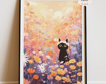 Póster de gato negro en un campo de flores silvestres: arte floral de pared caprichoso, impresión digital de prado colorido