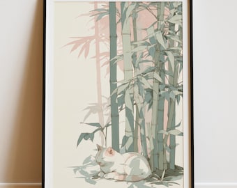 Può includere: Stampa artistica incorniciata raffigurante un gatto addormentato vicino a bambù. L'opera utilizza colori pastello tenui, con un sole rosa-arancio sullo sfondo. Il gatto ha un pelo bianco e rosa chiaro. I bambù sono verdi.