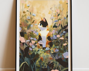 Calico Cat Meadow Wandkunst - Blumenfeld Blumenposter, botanische Katze Poster, wunderliches Naturdekor