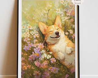 Whimsical Corgi Floral Art Print, Cottagecore Decor (Digital Download)