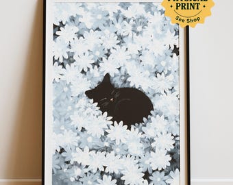 Lámina de campo de margaritas y gato negro: Arte floral de pared estilo cottagecore (descarga digital)