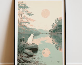 Può includere: Stampa artistica incorniciata raffigurante un gatto bianco seduto su una roccia vicino a un lago. L'opera presenta una morbida tavolozza di colori rosa, verde e blu, con un grande sole e riflessi nell'acqua.