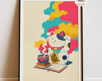 Glückskatzen-Lesung Poster, Retro japanischer Pop Art Druck (Digitaler Download)
