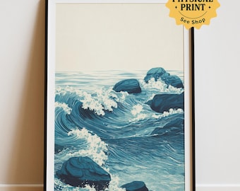 Blue Japandi Wave Art Print: Minimalist Coastal Decor (Digital Download)