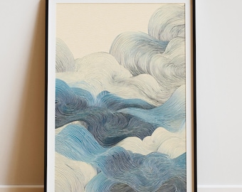 May include: Framed abstract art print featuring a swirling design in shades of blue, white, and gray. The artwork depicts a flowing, wave-like pattern, creating a sense of movement and depth. The print is encased in a black frame, suitable for home decor.