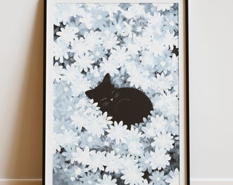 Impresión de campo de margaritas y gato negro: decoración floral estilo cottagecore