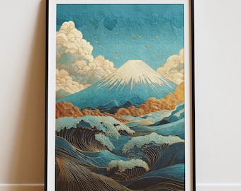 Mount Fuji Wave Art Print: Japandi Japanese Landscape