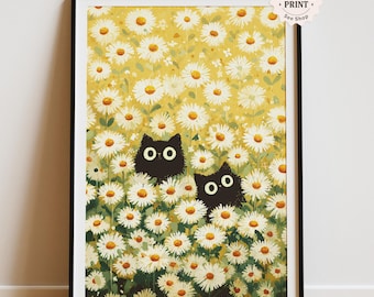 Black Cats in Daisy Field Print – Whimsical Cottagecore Art (Digital Download)
