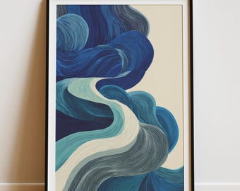 Blue Japandi Wave Wall Art – Minimalist Abstract Ocean Print, Japanese Zen Decor Poster