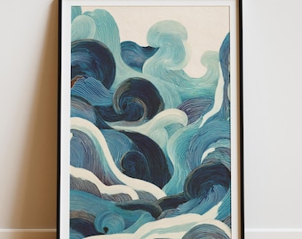 May include: A framed art print featuring an abstract depiction of ocean waves. The artwork uses shades of blue and white to create a sense of depth and movement. The waves are stylized with flowing lines.