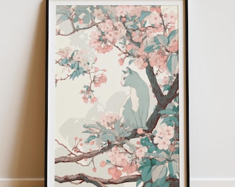 Può includere: Stampa artistica incorniciata raffigurante un gatto appollaiato su un ramo tra fiori di ciliegio rosa e foglie verdi. Il gatto è azzurro e bianco, su uno sfondo bianco sporco. L'opera è racchiusa in una cornice nera.
