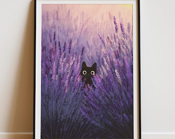 Chat noir fantaisiste dans un champ de lavande - Impression d'art murale florale vintage confortable