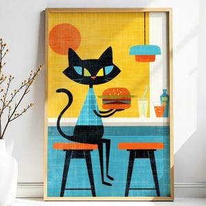 Atomic Cat Diner Print: Mid-Century Modern Kitchen Art (Digital Download