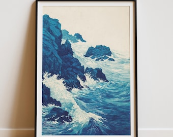 Blue Waves Japandi Wall Art Print – Japanese Minimalist Ocean Poster, Coastal Wall Decor