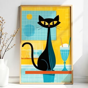 Atomic Cat Diner Print: Mid-Century Modern Kitchen Art (Digital Download)