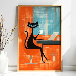 Atomic Cat Coffee Poster: Midcentury Modern Office Art (Digital Download)