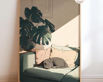 Japandi Gray Cat Wall Art, Monstera Plant Print, Minimalist Scandinavian Poster, Wabi Sabi Japanese Decor, Digital Download