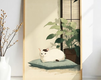 Può includere: Stampa artistica incorniciata raffigurante un gatto bianco con macchie marroni appoggiato su un cuscino blu. La scena include una pianta in vaso vicino a una finestra e un vaso bianco con rami in primo piano.