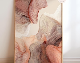 May include: Framed abstract art print. The artwork presents a flowing design with lines in shades of brown, peach, and white, creating a layered, textured effect. The print is displayed on a light beige background. Text on the print says "ALSO AVAILABLE PHYSICAL PRINT See Shop".