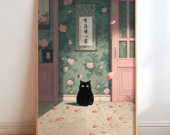 Può includere: Stampa artistica incorniciata con un gatto nero seduto su un pavimento di legno cosparso di petali rosa. Lo sfondo include una carta da parati floreale, porte rosa e una pergamena con caratteri asiatici. L'opera d'arte ha una palette di colori pastello.