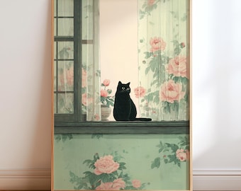 Può includere: Una stampa artistica incorniciata con un gatto nero seduto su un davanzale. La finestra è adornata da tende floreali e un vaso di fiori. L'opera d'arte ha una morbida tavolozza di colori rosa, verde e beige, creando un'estetica serena e vintage.