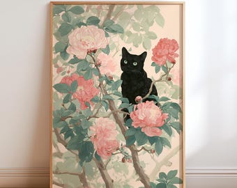 May include: A framed art print featuring a black cat perched in a flowering tree. The artwork showcases a black cat with green eyes amidst pink peonies and green foliage, set against a soft, neutral background. The frame is a light wood color.