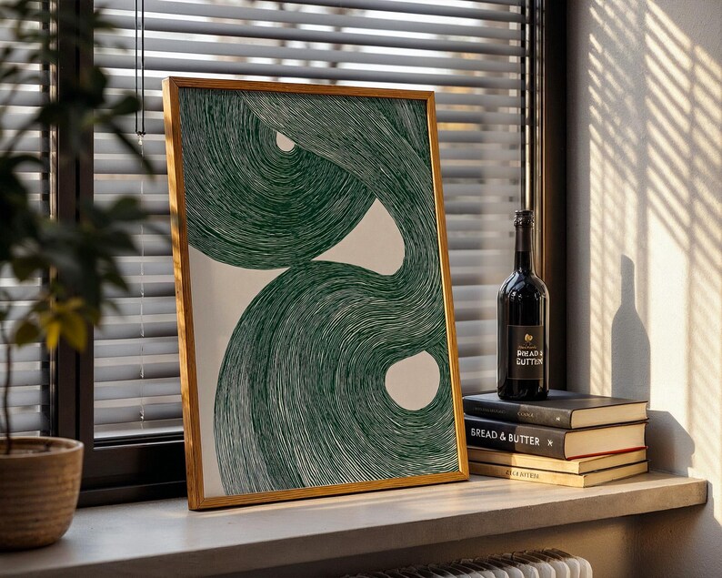 Deep Green Abstract Wave Wall Art Print, Japandi Minimalist Poster ...