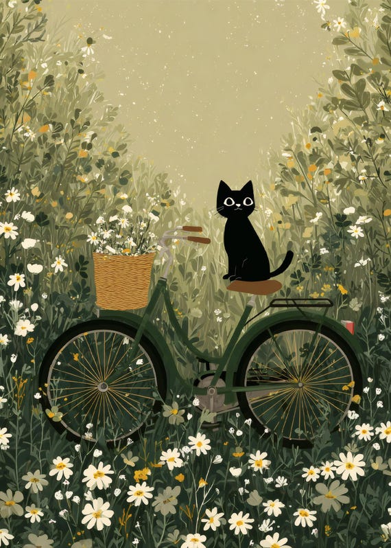 自転車に乗った黒猫のアートプリント：気まぐれな花畑（デジタル