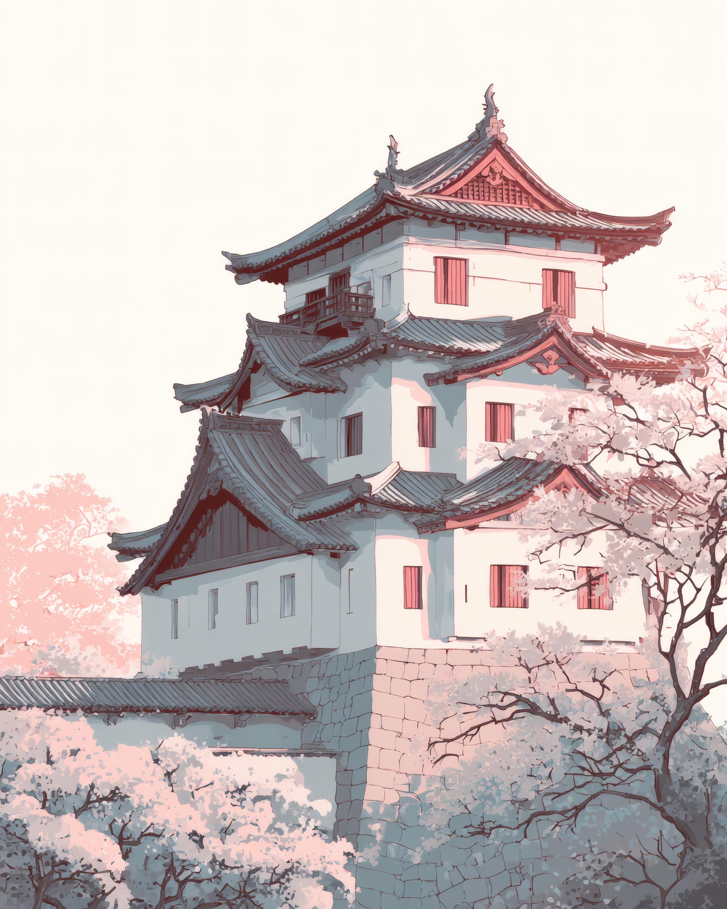 Nagoya Castle Sakura Poster: Minimalist Japandi Art (digital