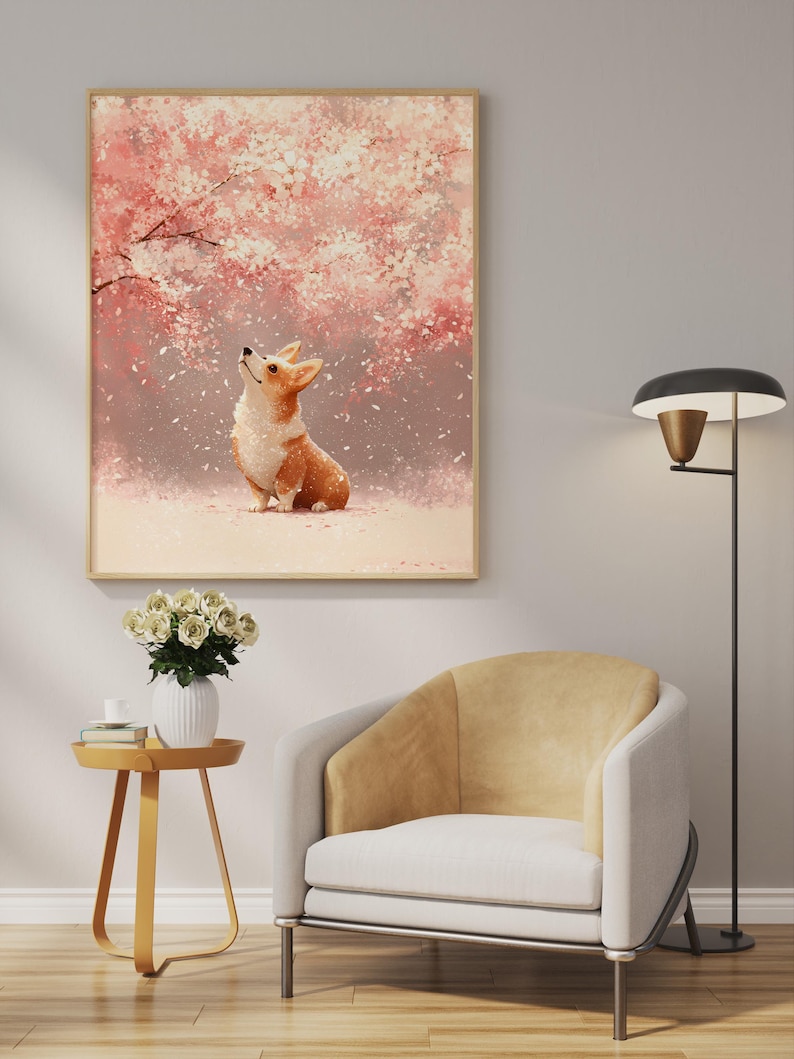 Puede incluir: Una impresi&oacute;n art&iacute;stica enmarcada con un perro corgi mirando hacia arriba a un cerezo en flor con flores rosas y blancas. La obra de arte se exhibe sobre un sill&oacute;n moderno y una mesa auxiliar con un jarr&oacute;n de rosas blancas.