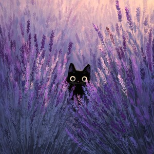 May include: A digital illustration of a black cat amongst purple lavender plants. The cat has large, round eyes and is set against a soft, pastel-coloured sky. The lavender is depicted in shades of purple and green.