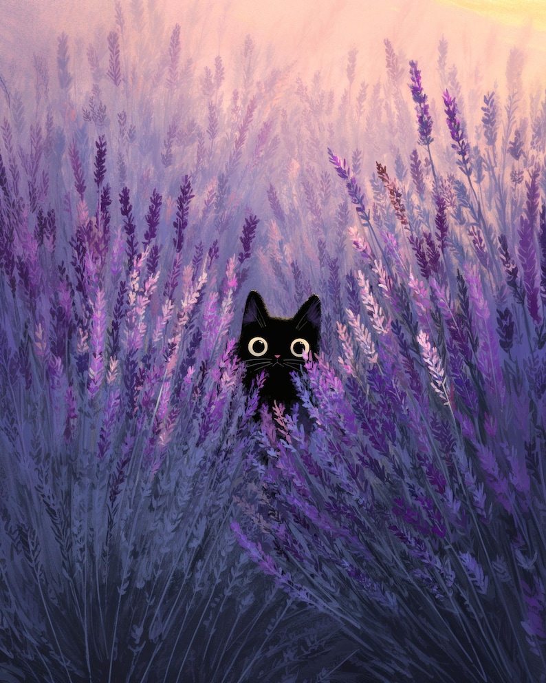 May include: A digital illustration of a black cat amongst purple lavender plants. The cat has large, round eyes and is set against a soft, pastel-coloured sky. The lavender is depicted in shades of purple and green.