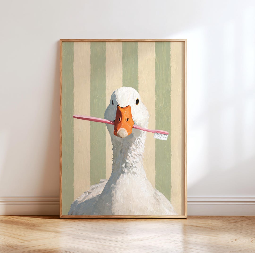 Funny Goose Bathroom Wall Art Print, Duck With Toothbrush Poster, Cute ...