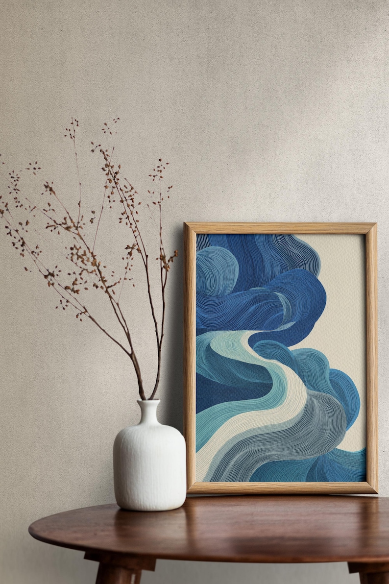 Blue Japandi Wave Wall Art – Minimalist Abstract Ocean Print, Japanese ...