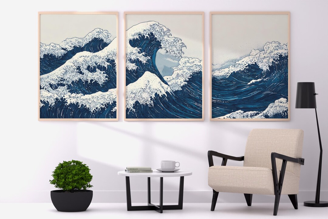 Blue Waves Japandi Triptych Wall Art, Japanese Ocean Poster Set of