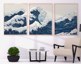Blue Waves Japandi Triptych Wall Art, Japanese Ocean Poster Set of 3
