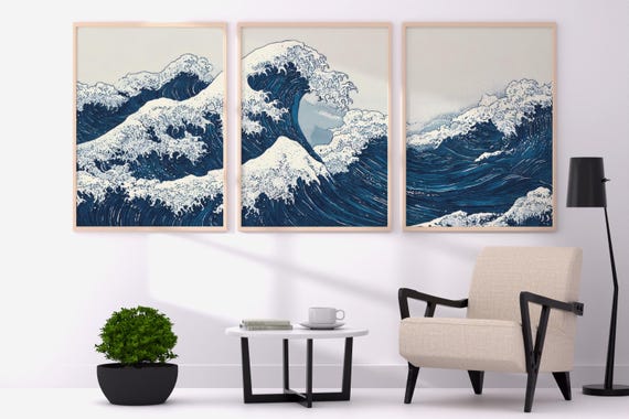 Blue Waves Japandi Triptych Wall Art, Japanese Ocean Poster Set of