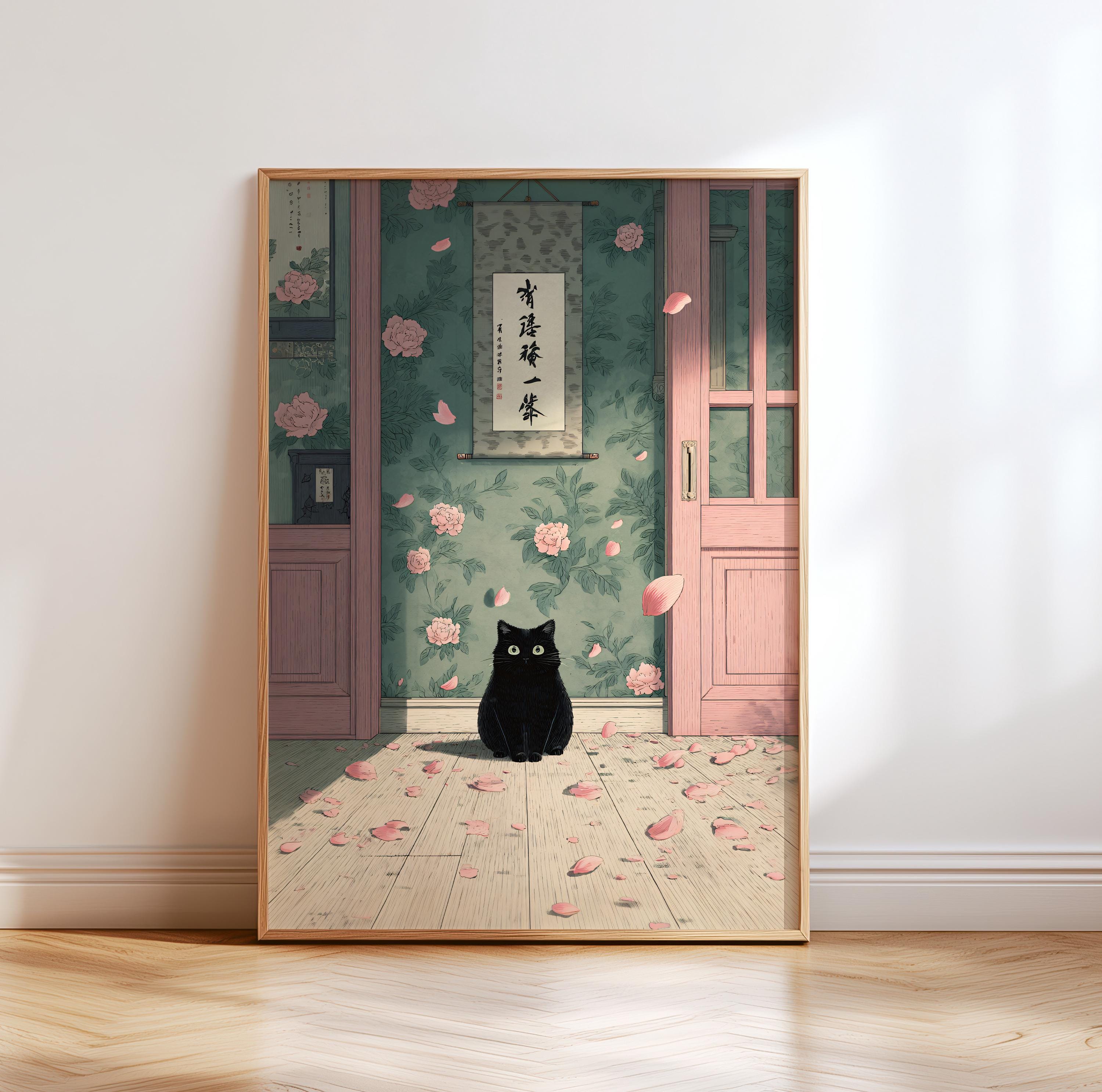 Japandi Black Cat Wall Art With Falling Peony Petals, Japanese