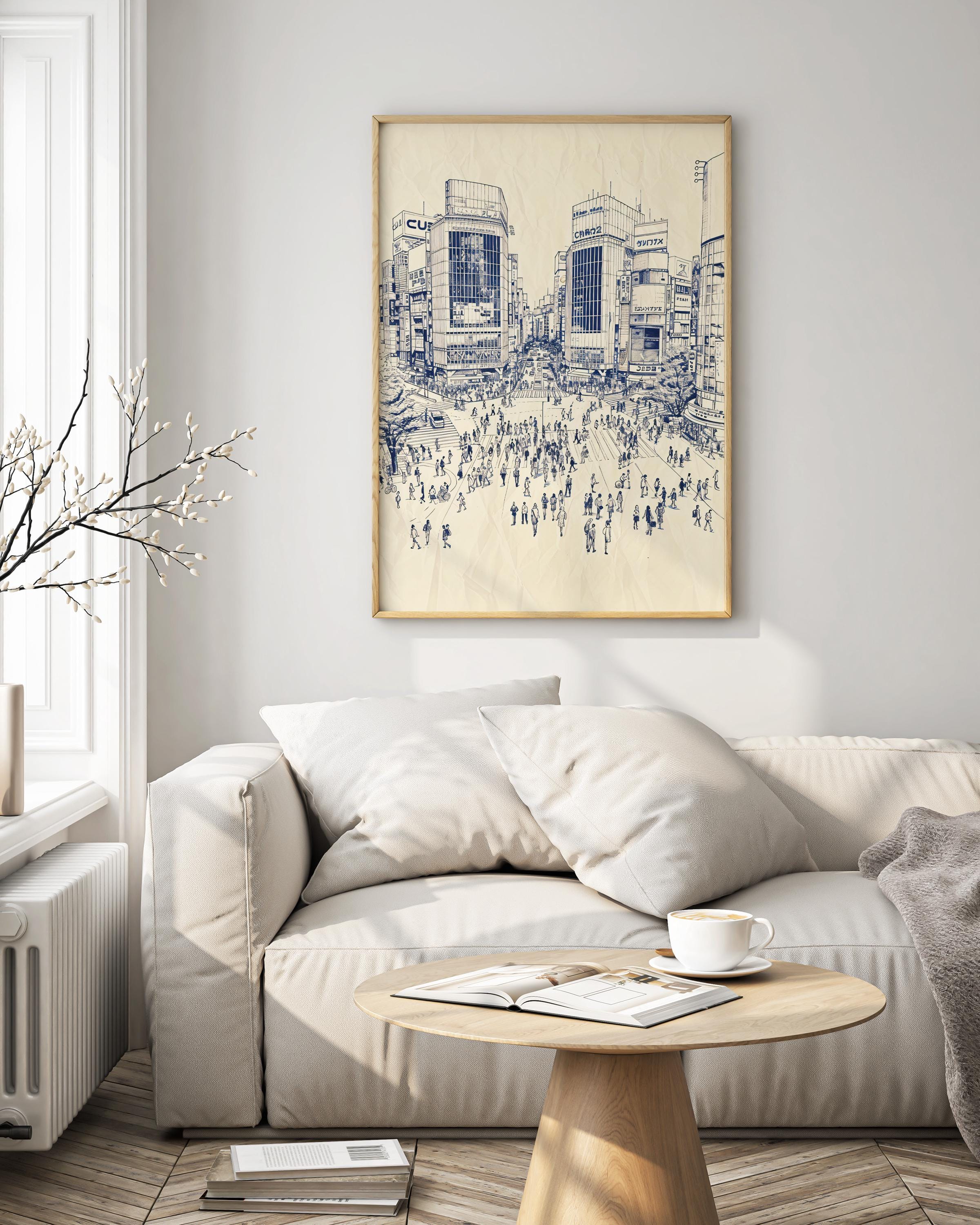 Tokyo Shibuya Crossing Poster – Ink Sketch Line Art Japan, Urban