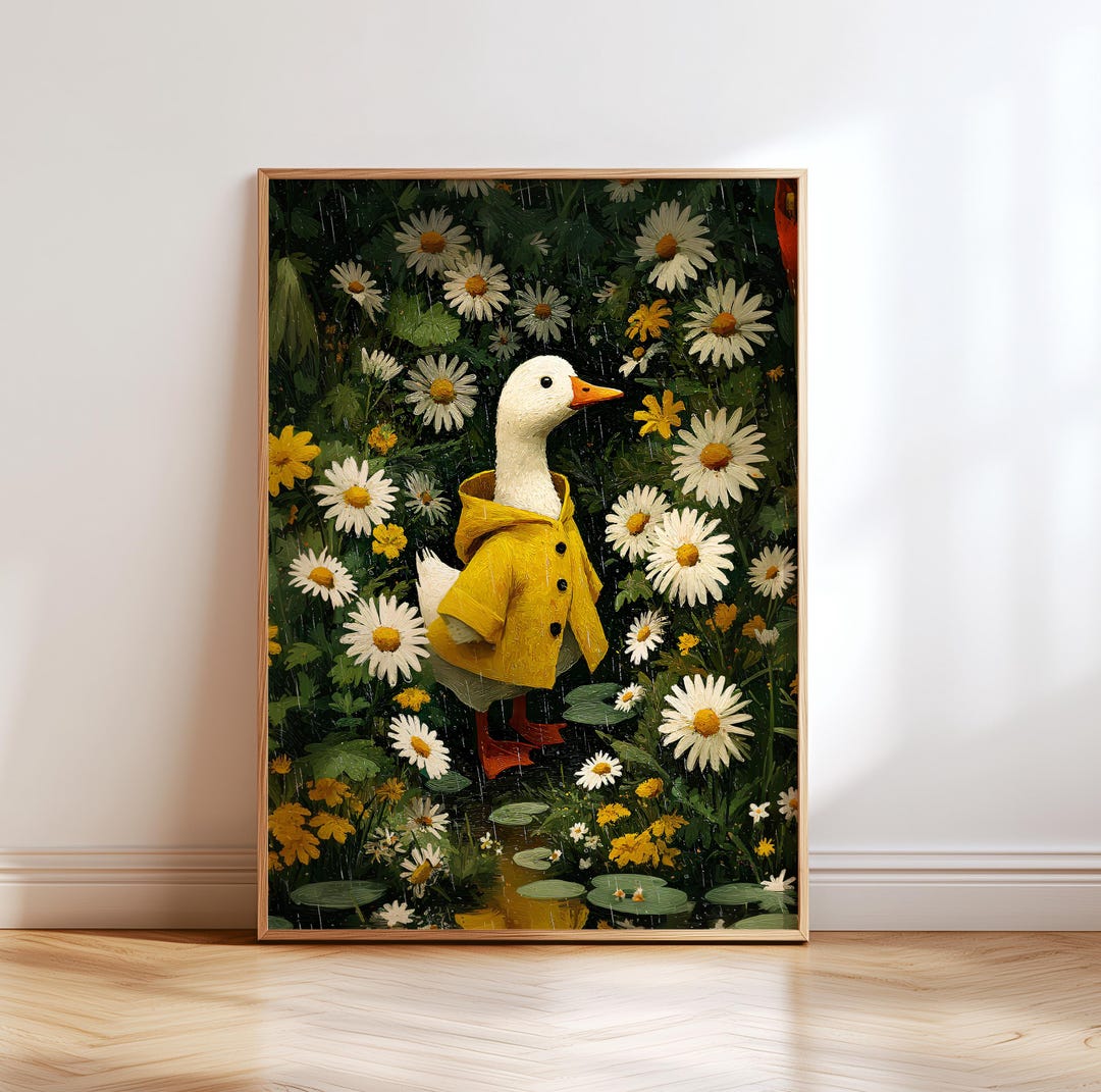 Duck Wall Art Print, Duck in Yellow Raincoat Poster, Rainy Daisy Field ...