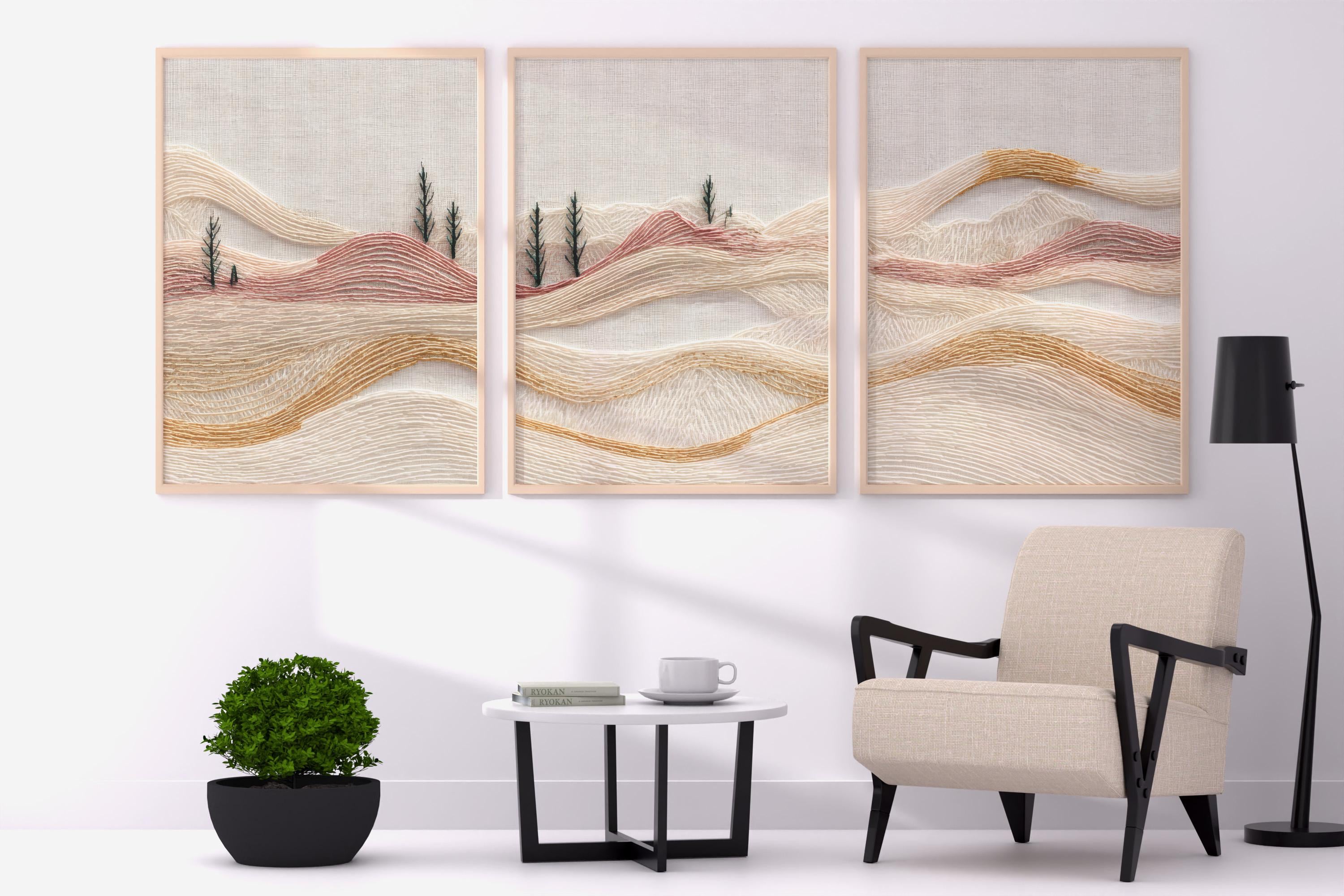 Japandi Beige Terracotta Wall Art Set: Embroidery Texture Triptych