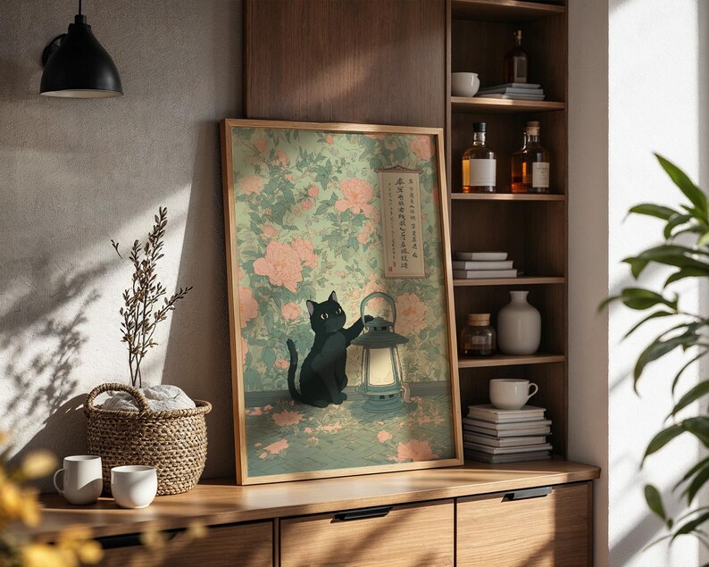 May include: A framed art print featuring a black cat interacting with a lantern. The background has a floral pattern in shades of green and pink. The print is displayed on a wooden cabinet with decorative items.