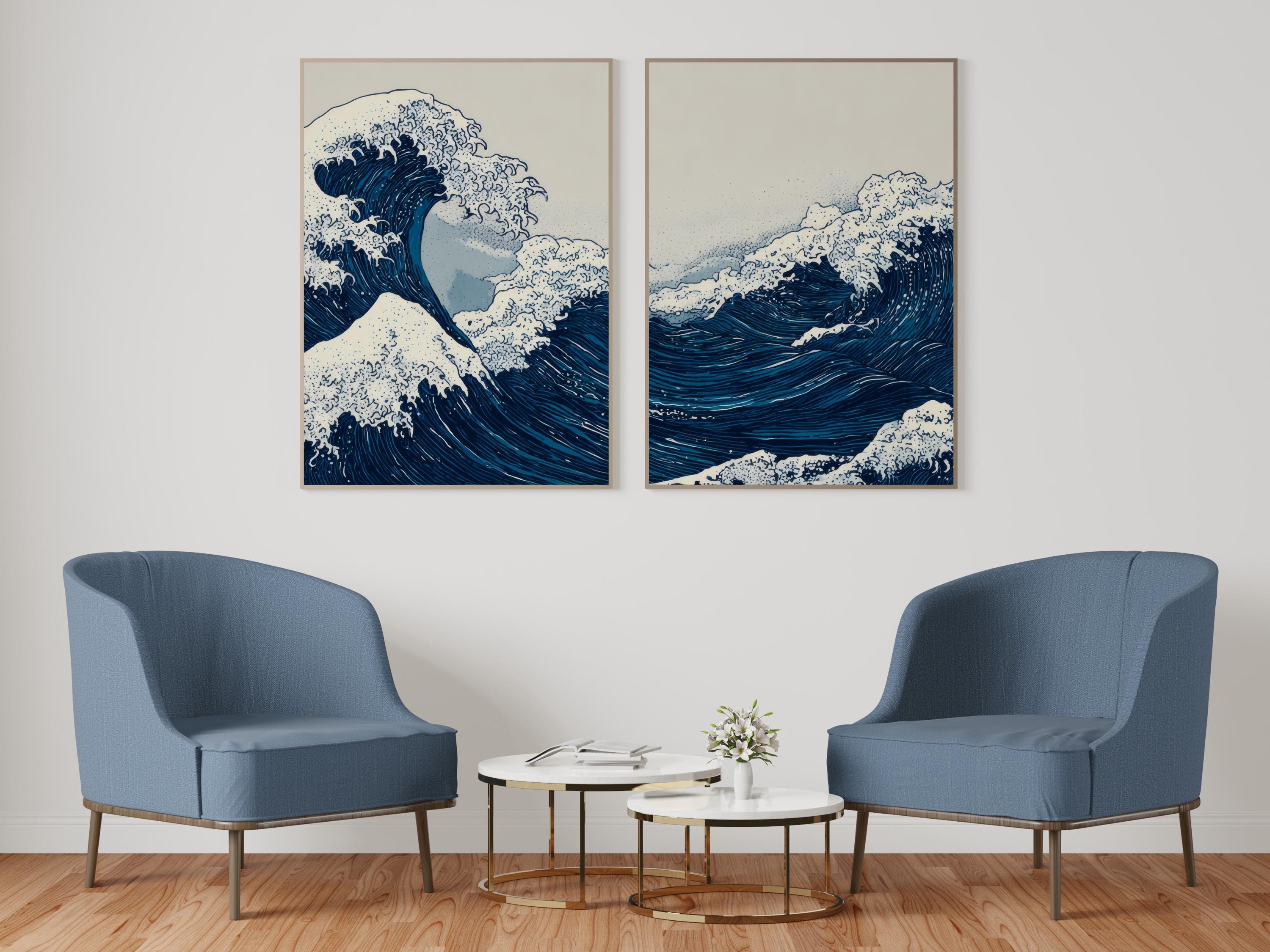Blue Waves Japandi Triptych Wall Art, Japanese Ocean Poster Set of