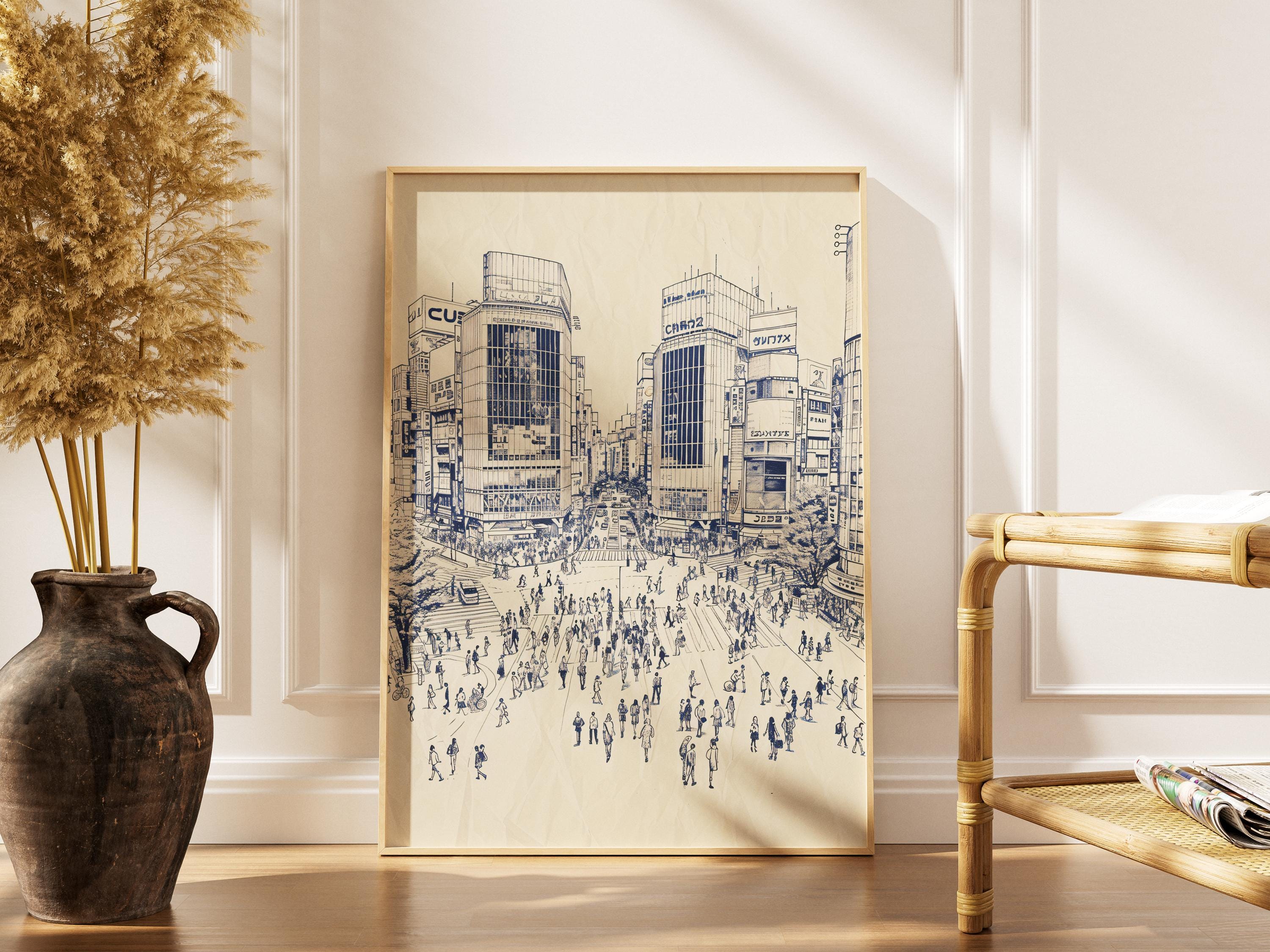 絵画 kt Tokyo Shibuya Crossing Poster – Ink Sketch Line Art Japan, Urban