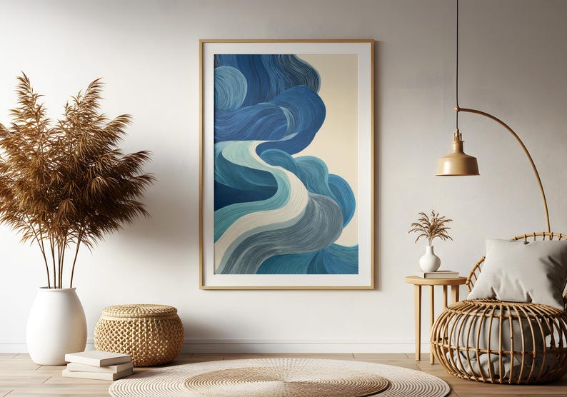 Blue Japandi Wave Wall Art – Minimalist Abstract Ocean Print, Japanese ...