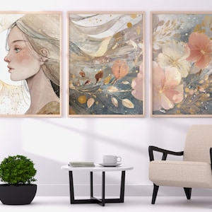 Golden Serenity Woman – Floral Portrait Triptych Wall Art | Spa Salon Printable Decor