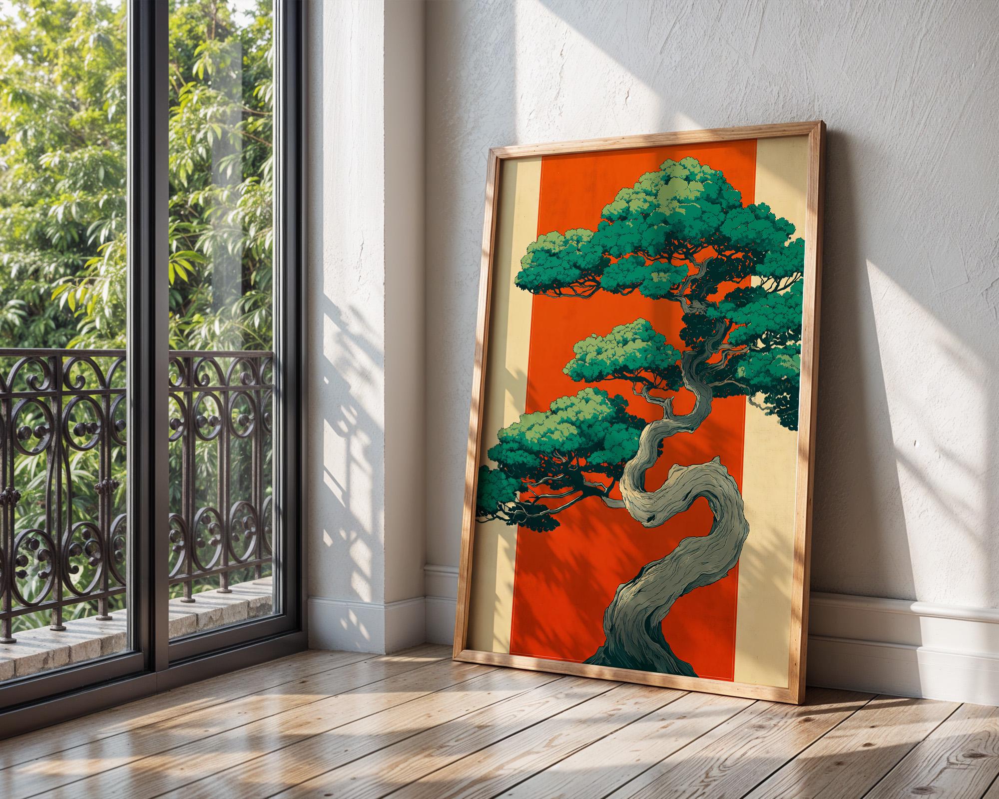 Japandi Bonsai Tree Print, Teal Green & Terracotta, Zen Wall Art