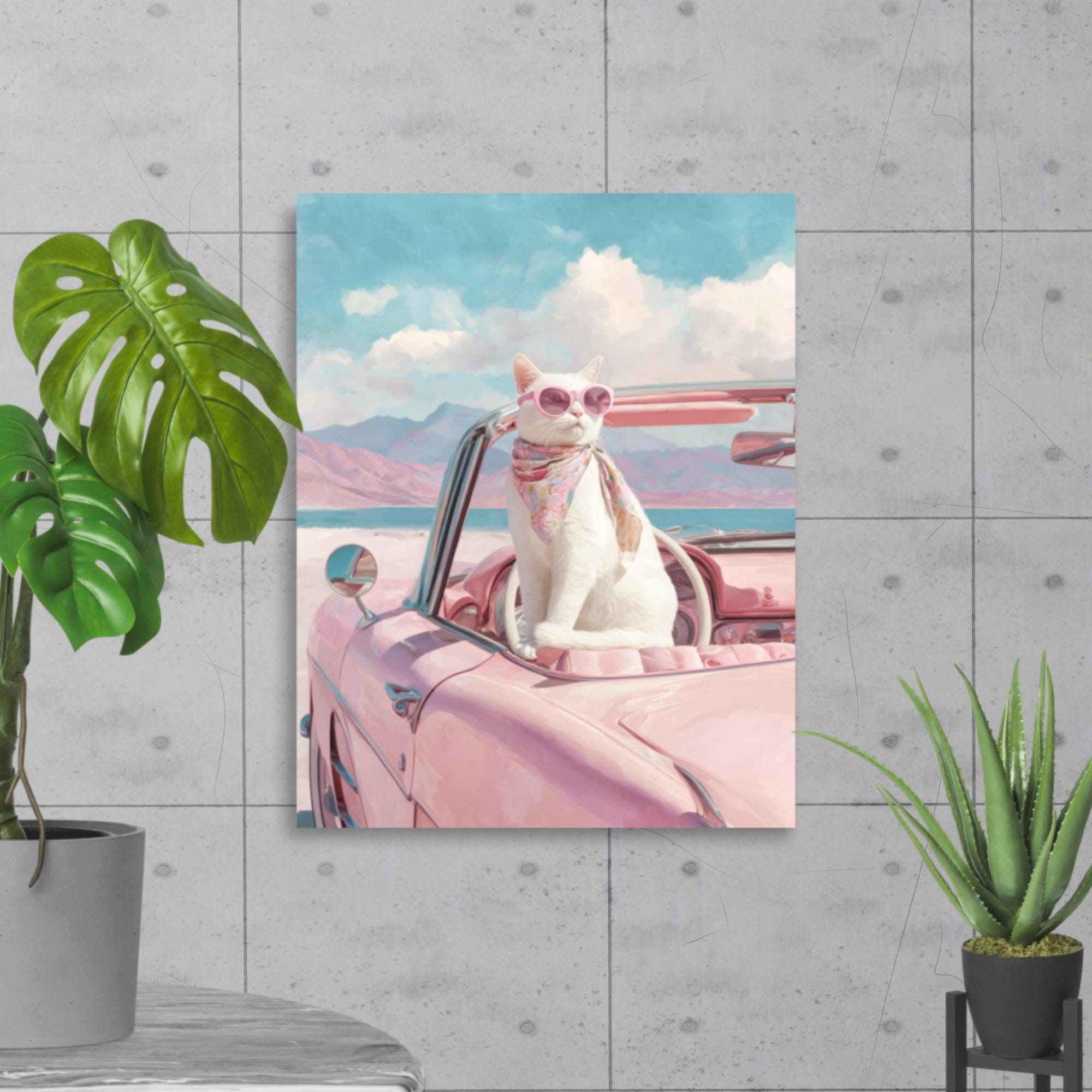 Retro Katze im Rosa Cabrio - Glamourse Vintage Katzen Wand Kunst Poster,  Coastal Chic Dekor - Etsy.de