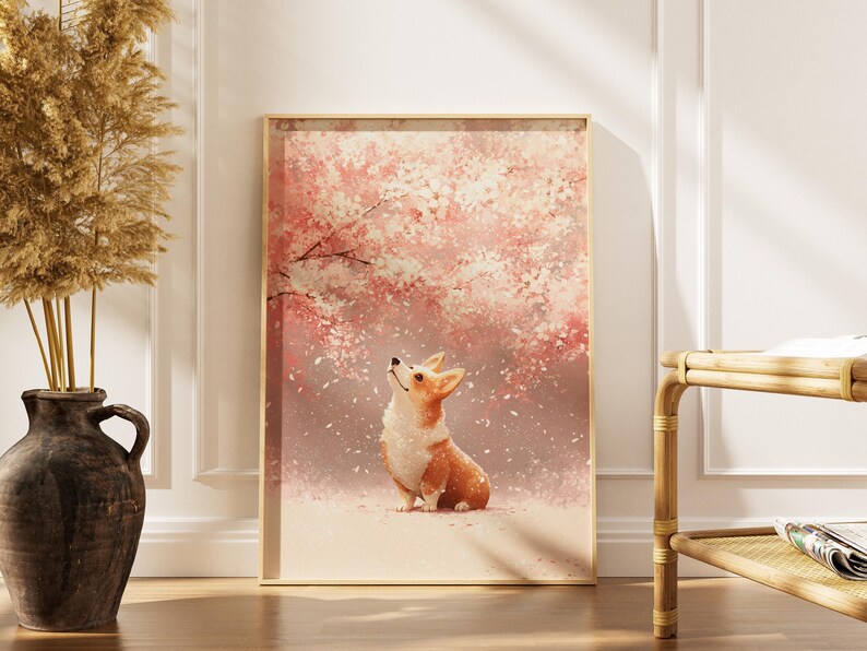 Puede incluir: Una impresi&oacute;n en acuarela enmarcada que presenta un perro corgi mirando hacia arriba bajo un cerezo en flor. La obra de arte tiene una paleta de colores pastel suaves de rosas, blancos y marrones. La impresi&oacute;n se muestra en un marco de madera clara.